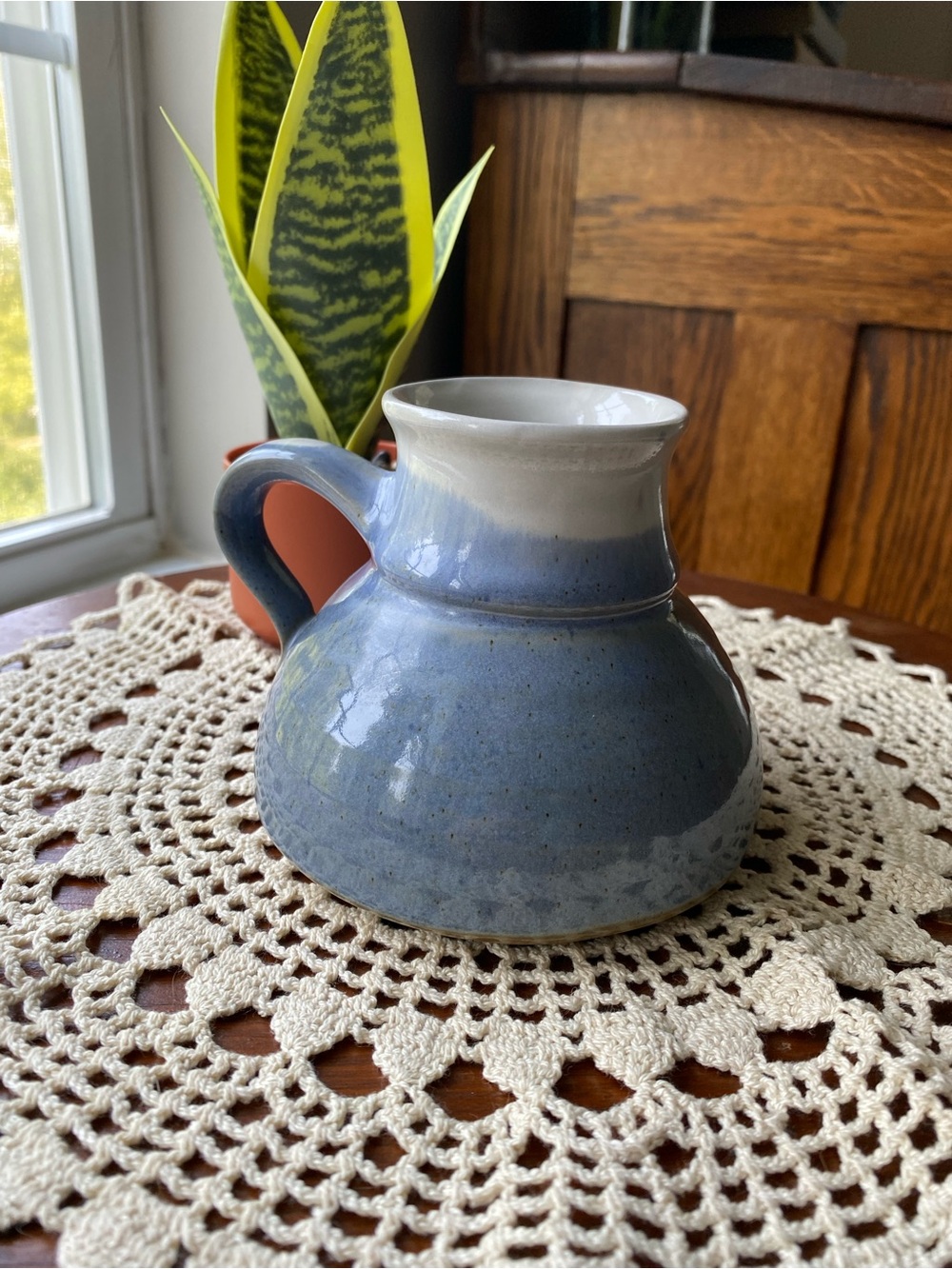 Vintages 1980’s Handcrafted Ceramic Travel Mug in Pale Blue and White EUC